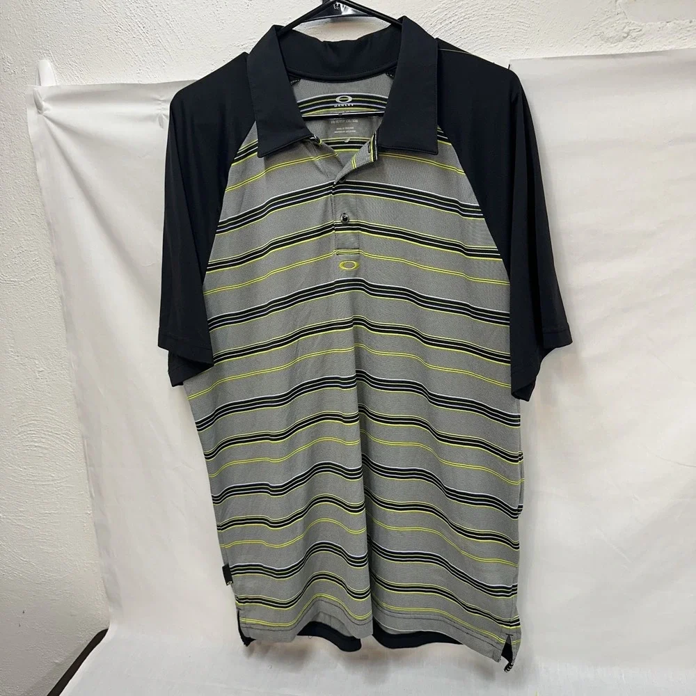 Oakley‎ Polo Shirt Mens XL Gray Yellow White Striped Short Sleeve Golf